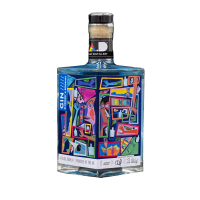 MAD Craft Gin Blueberry & Bergamot bottle on angle shows full Art by Chris Pompa © Modern Art Distillery 2023 Series 1 'Connections'