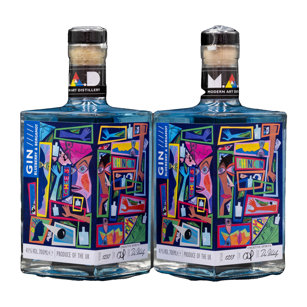 MAD Craft Gin Blueberry & Bergamot two bottles on an angle shows full Art by Chris Pompa © Modern Art Distillery 2023 Series 1 'Connections'
