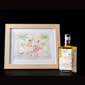 Art on the Bottle framed print of John Goldsworthy’s Rhythm of the Rum’ and bottle of MAD Modern Art Distillery Spiced Rum Strawberry & Honey featuring the artwork