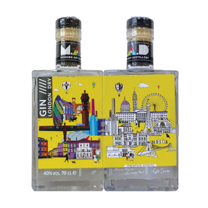 MAD London Dry Gin 'City' painting by Emma Taylor & Jason Dorley-Brown (Jet Pictures, Bath) 'Separation & Amalgamation’ © Modern Art Distillery 2023 70cl bottle 40% ABV with Sumac side by side view whole artwork