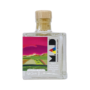 MAD London Dry Gin 'Land' painting by Yasmin Davidson 'Machair Stripes' © Modern Art Distillery 2023 10cl bottle side 2 view 40% ABV botanicals includes Sumac.