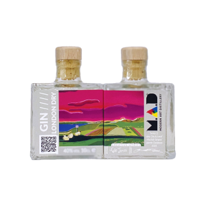 MAD London Dry Gin 'Land' painting by Yasmin Davidson 'Machair Stripes' © Modern Art Distillery 2023 10cl bottle 40% ABV with Sumac side by side view whole artwork