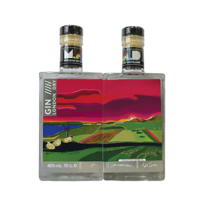 MAD London Dry Gin 'Land' painting by Yasmin Davidson (Isle of Berneray), 'Machair Stripes’ © Modern Art Distillery 2023 70cl bottle 40% ABV with Sumac side by side view whole artwork