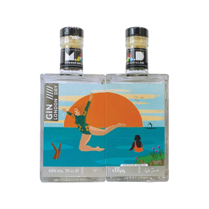 MAD London Dry Gin 'Sea' painting by Lu Cornish “The Call of the Sea’ © Modern Art Distillery 2023 70cl bottle 40% ABV with Sumac side by side view whole artwork