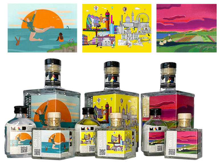 MAD Modern Art Distillery London Dry Gin with artwork by emerging artists. 40% ABV artisan gin with Sumac.
