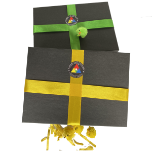 Modern Art Distillery (MAD) gift wrapped box 3 x 5cl London Dry Gin yellow ribbon or green ribbon