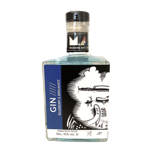 Modern Art Distillery MAD Blueberry & Bergamot Gin 50cl with art by Dorset Artist Hugh Dunford Wood linoprint 'The Spirit of Lyme Regis'