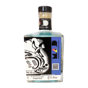 Modern Art Distillery MAD Blueberry & Bergamot Gin 50cl with art by Dorset Artist Hugh Dunford Wood linoprint 'The Spirit of Lyme Regis'