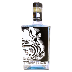 Modern Art Distillery MAD Blueberry & Bergamot Gin 70cl with art by Dorset Artist Hugh Dunford Wood linoprint 'The Spirit of Lyme Regis' side of label