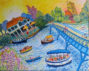 Cookham Bridge and the Ferry by Bee Skelton, Marlow artist. Bee's painting of Marllow Bridge appears on Modern Art Distillery (M.A.D) gin and rum labels