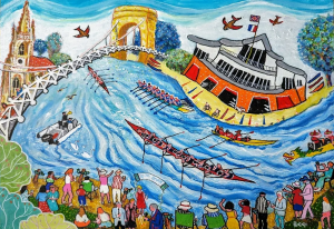 Marlow Town Regatta Festival by Bee Skelton, Marlow artist. Bee's painting of Marlow Bridge appears on Modern Art Distillery (M.A.D) gin and rum labels