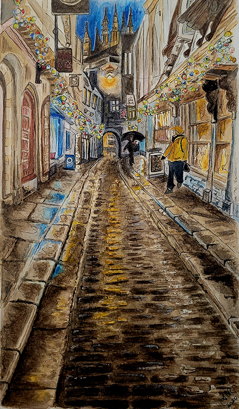 'Canterbury Cathedral from Mercery Lane at Christmas' by artist Jill Rosser from Deal, Kent. Jill's work 'Stormy Skies, Deal' appears on Modern Art Distillery (M.A.D) gin and rum bottle labels limited edition 2025