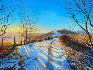 Dawn Light, snow on the Malverns by Ivan Maxwell Jones in online gallery of Modern Art Distillery Gallery and on M.A.D gin and rum labels
