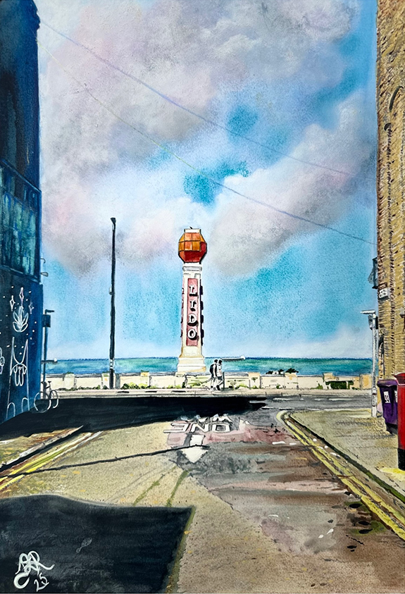 'Margate Lido' by artist Jill Rosser from Deal, Kent. Jill's work 'Stormy Skies, Deal' appears on Modern Art Distillery (M.A.D) gin and rum bottle labels limited edition 2025