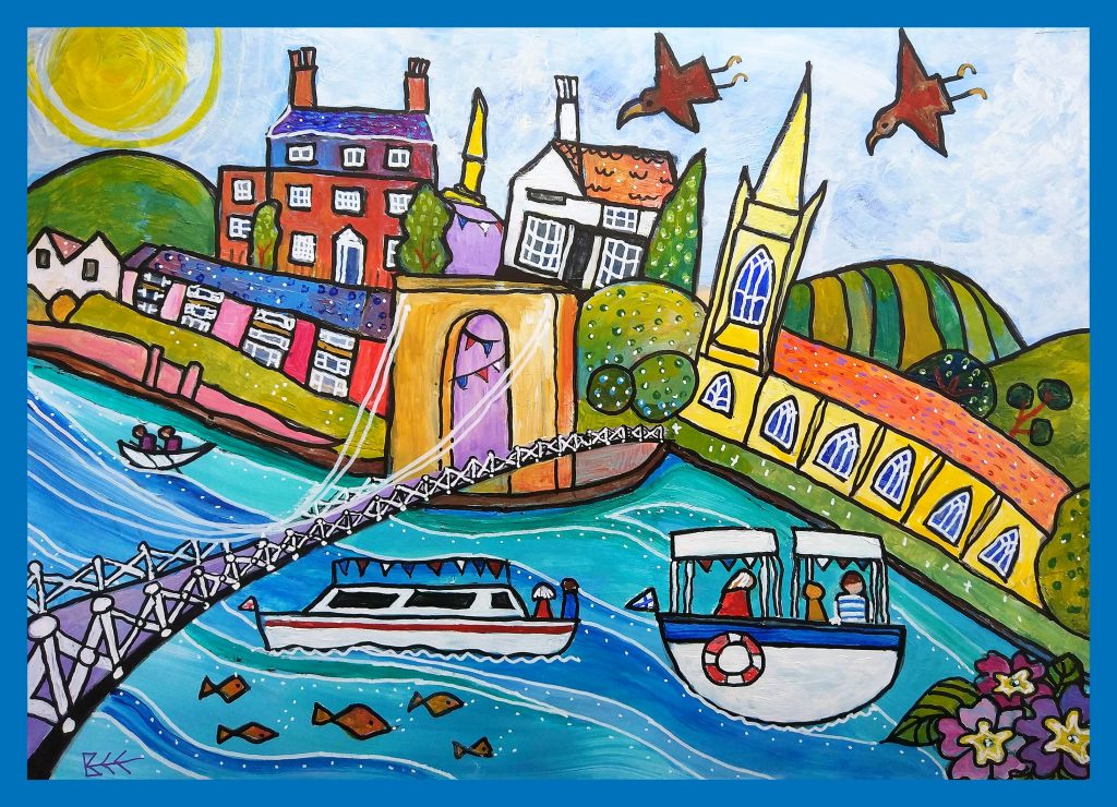 Marlow Bridge by Bee Skelton creator of 'Happy' paintings. Artwork appears on Modern Art Distillery (M.A.D) spirits bottle labels