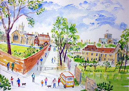 The Ice Cream Van near College Street, Winchester by Josephine Chisholm. Josephoines's artwork 'Singling in the High Street' appears on Modern Art Distillery (M.A.D) gin and rum bottle labels, limited edition 2025.