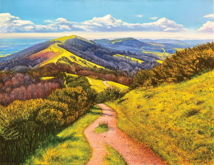 Painting Walking the Malverns by Ivan Maxwell Jones showcased on Modern Art Distillery spirits bottles 2025