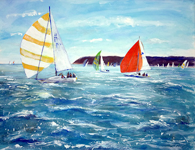Sailing off Cowes by Josephine Chisholm. Josephoines's artwork 'Singling in the High Street' appears on Modern Art Distillery (M.A.D) gin and rum bottle labels, limited edition 2025.