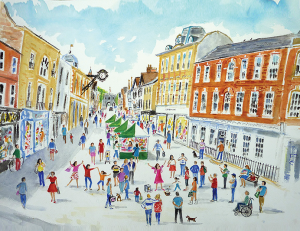 Singing in the High Street by Josephine Chisholm. This artwork appears on Modern Art Distillery (M.A.D) gin and rum bottle labels for a limited edition 2025.