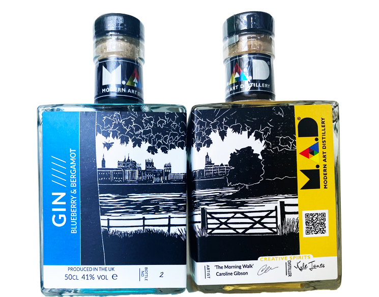 Modern Art Distillery (M.A.D) Blueberry & Bergamot Gin and Strawberry & Honey Spiced Rum 50cl bottles showcasing Caroline Gibson's artwork 'The Morning Walk' a linoprint of Blenheim Palace. This artwork is on M.A.D limited edition bottles 2025