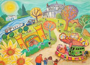 'Higginson Park' painting by Bee Skelton, Marlow artist. Bee's painting of Marlow Bridge appears on Modern Art Distillery (M.A.D) gin and rum labels