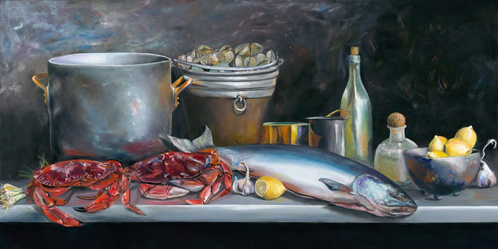 'West Coast Fare' (30x60 oil on canvas) by Adrian Bushell, Victoria BC, Canada. This painting appears on Modern Art Distillery (M.A.D) gin and rum limited edition bottle labels.