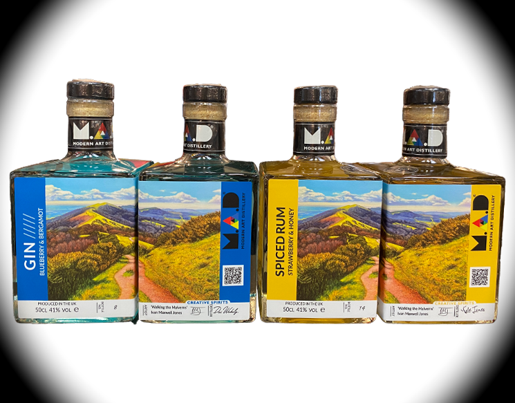 Modern Art Distillery (M.A.D) Blueberry & Bergamot Gin and Strawberry & Honey Spiced Rum - showcasing Ivan Maxwell-Jones artwork - Walking the Malverns. Limited edition spirits 2025.
