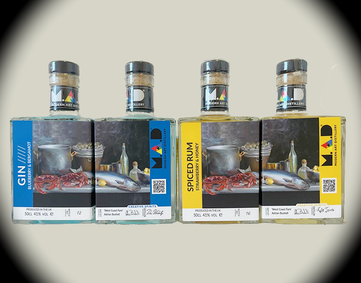 'West Coast Fare' oil on canvas by Adrian Bushell artist (Victoria, BC, Canada) on Modern Art Distillery (M.A.D) gin and rum bottles Limited edition 2025