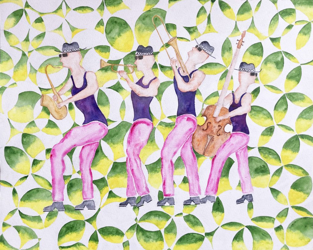 Modern Art Distillery (M.A.D) showcasing John Goldsworthy's watercolour 'Jazz in the Park'. This artwork is on M.A.D limited edition bottles of Blueberry & Bergamot Gin and Strawberry & Honey Spiced Rum 2025