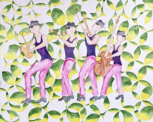 Modern Art Distillery (M.A.D) showcasing John Goldsworthy's watercolour 'Jazz in the Park'. This artwork is on M.A.D limited edition bottles of Blueberry & Bergamot Gin and Strawberry & Honey Spiced Rum 2025