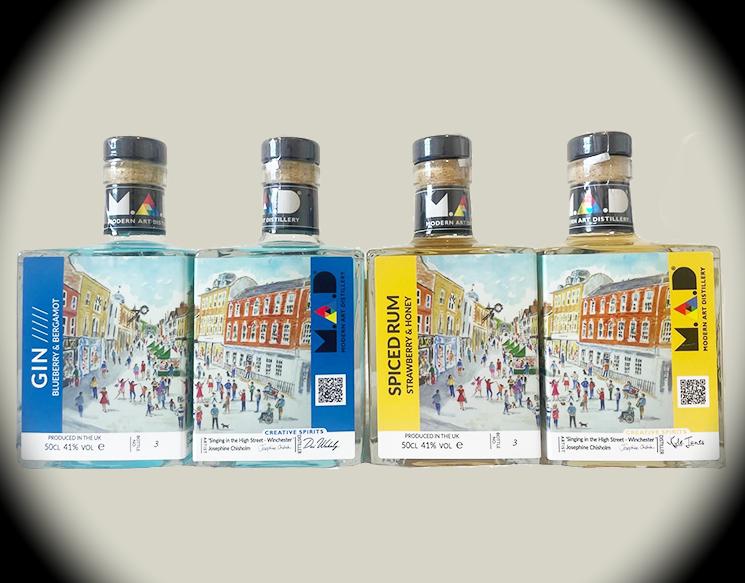 'Singing in the High Street' by Josephine Chisholm on Modern Art Distillery (M.A.D) gin and rum bottles Limited edition 2025