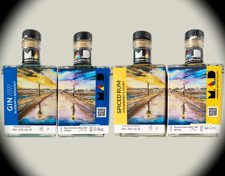 'Stormy Skies - Deal' by Jill Rosser on Modern Art Distillery (M.A.D) gin and rum bottles Limited edition 2025 for sale at Deal Food & Drink Festival 2025