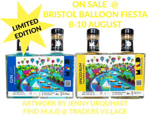 Limited edition bottles of MAD Blueberry & Bergamot Gin and Strawberry & Honey Spiced Rum on sale at Bristol Balloon Fiesta - artwork by Jenny Urquhart.