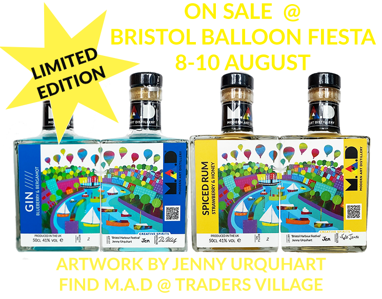 Limited edition bottles of MAD Blueberry & Bergamot Gin and Strawberry & Honey Spiced Rum on sale at Bristol Balloon Fiesta - artwork by Jenny Urquhart.
