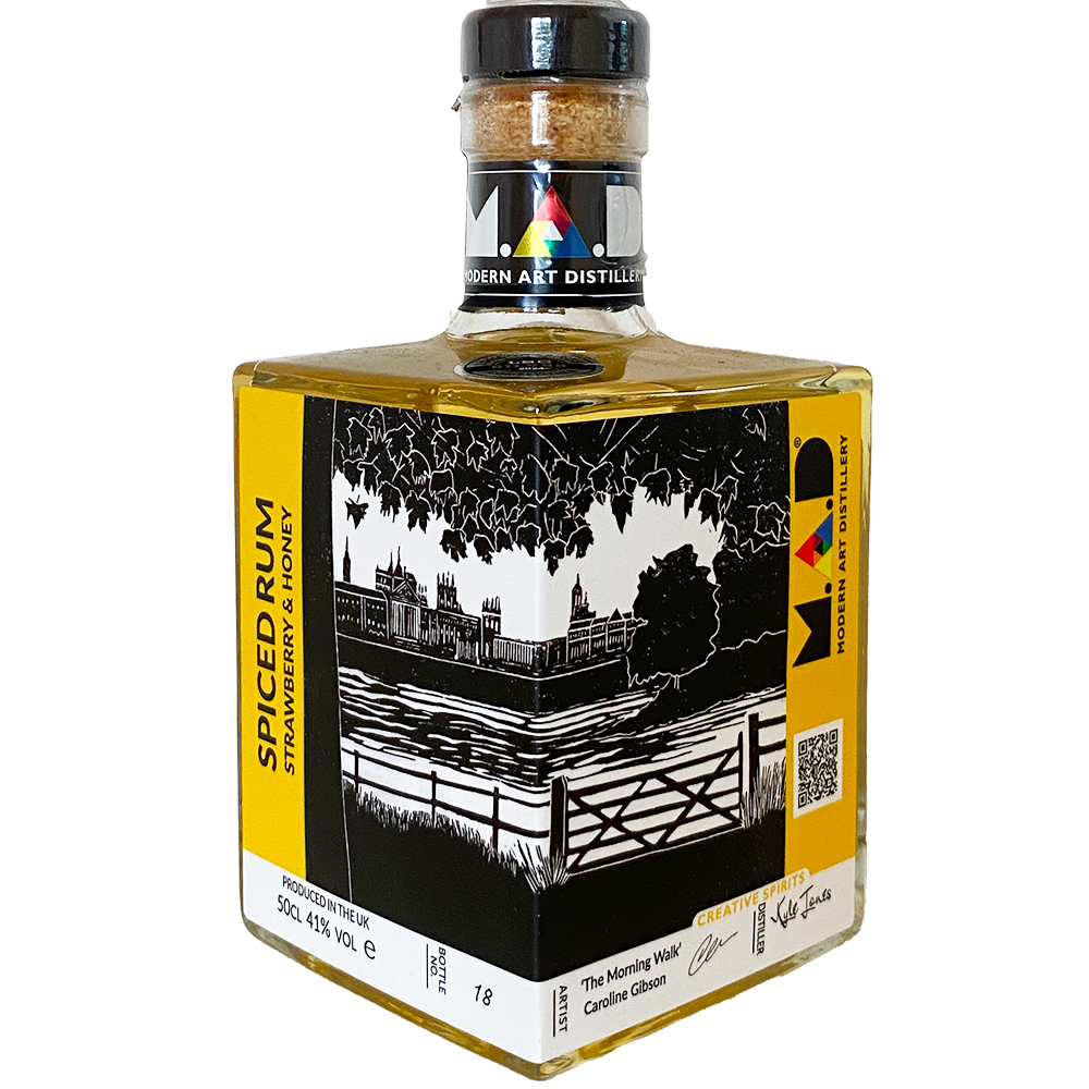 Modern Art Distillery (M.A.D) Strawberry & Honey Spiced Rum 50cl bottles showcasing Caroline Gibson's artwork 'The Morning Walk' a linoprint of Blenheim Palace. This artwork is on M.A.D limited edition bottles 2025