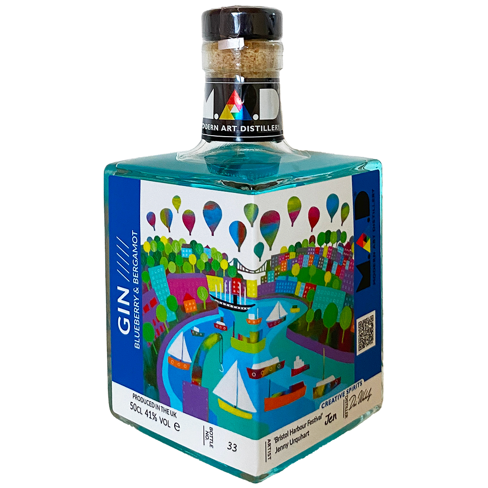 'Bristol Harbour Festival' by Jenny Urquhart on Modern Art Distillery (M.A.D) Blueberry & Bergamot Gin bottles Limited edition 2025 for sale at Bristol Balloon Fiesta 2025