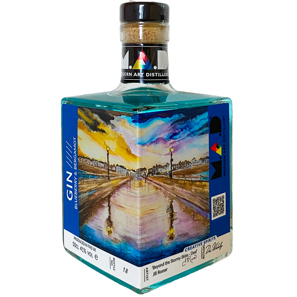 'Stormy Skies - Deal' by Jill Rosser on Modern Art Distillery (M.A.D) Blueberry & Bergamot Gin bottles Limited edition 2025 for sale at Deal Food & Drink Festival 2025