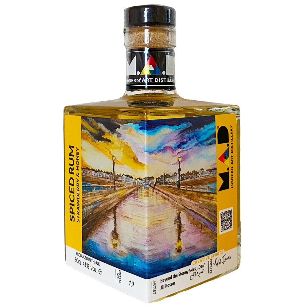 'Stormy Skies - Deal' by Jill Rosser on Modern Art Distillery (M.A.D) Strawberry & Honey Spiced Rum bottles Limited edition 2025 for sale at Deal Food & Drink Festival 2025