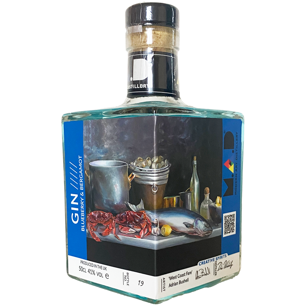 'West Coast Fare' oil on canvas by Adrian Bushell artist (Victoria, BC, Canada) on Modern Art Distillery (M.A.D) Blueberry & Bergamot Gin and Strawberry & Honey Spiced Rum bottles Limited edition 2025