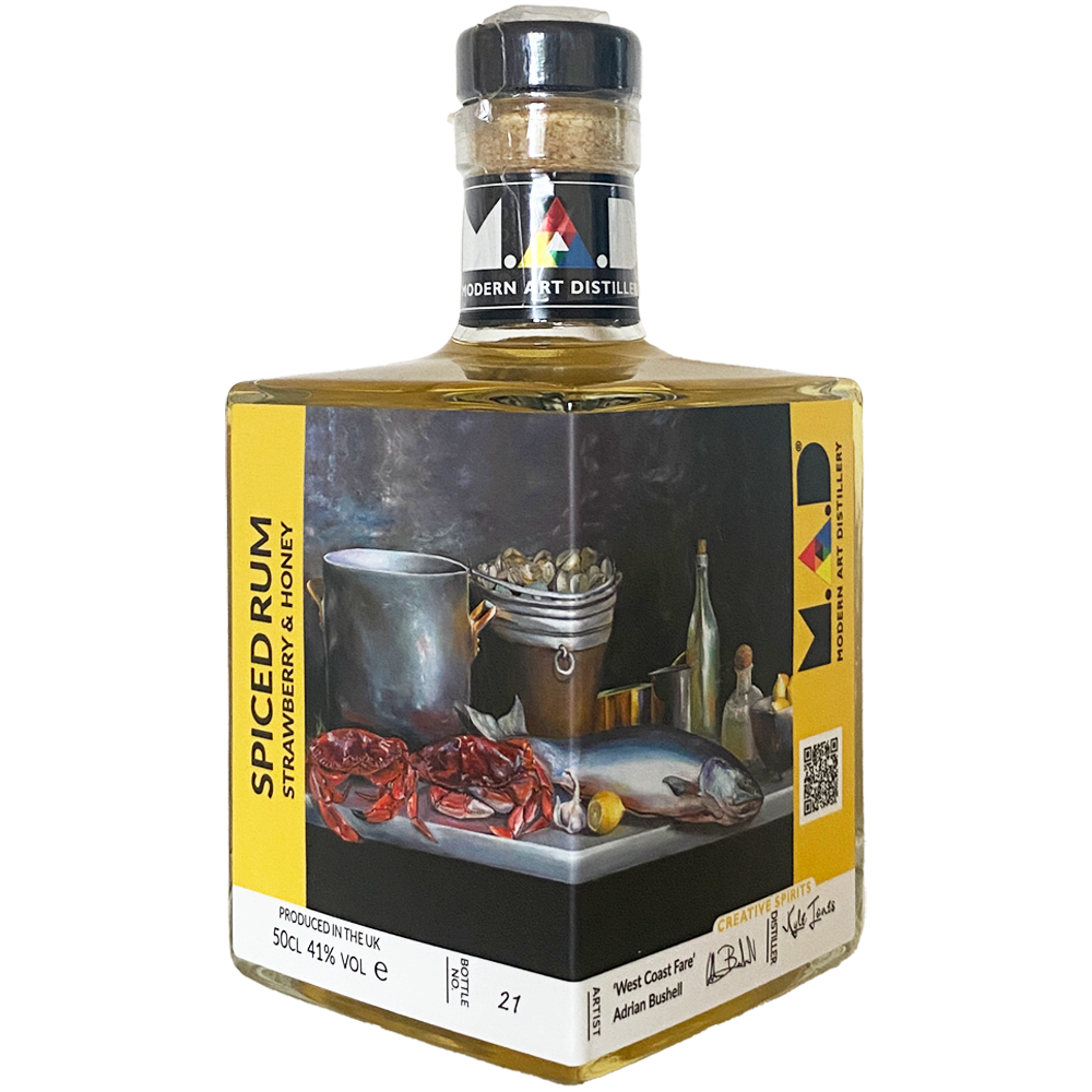 'West Coast Fare' oil on canvas by Adrian Bushell artist (Victoria, BC, Canada) on Modern Art Distillery (M.A.D) Blueberry & Bergamot Gin and Strawberry & Honey Spiced Rum bottles Limited edition 2025