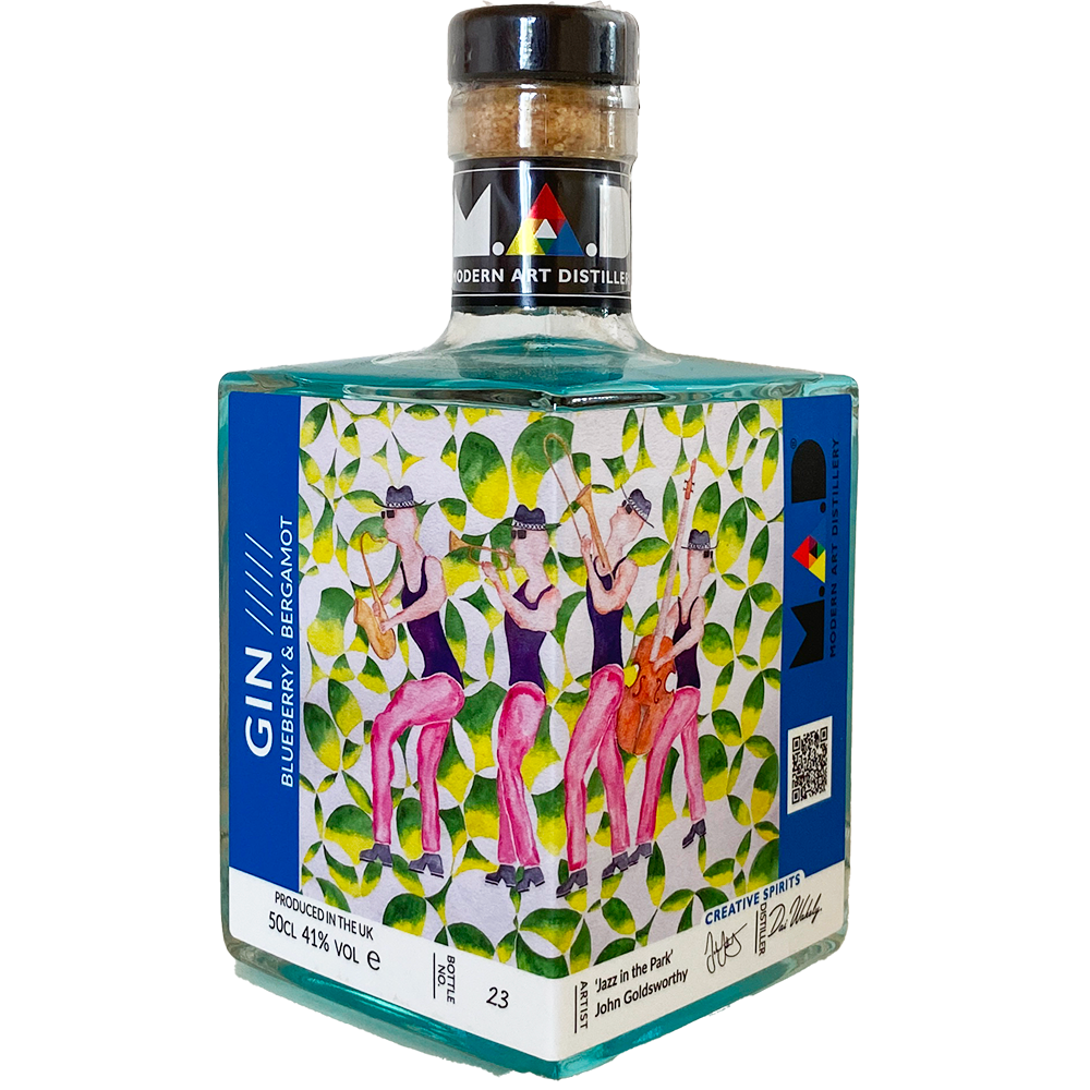 Modern Art Distillery (M.A.D) showcasing John Goldsworthy's watercolour 'Jazz in the Park'. This artwork is on M.A.D limited edition bottles of Blueberry & Bergamot Gin 2025