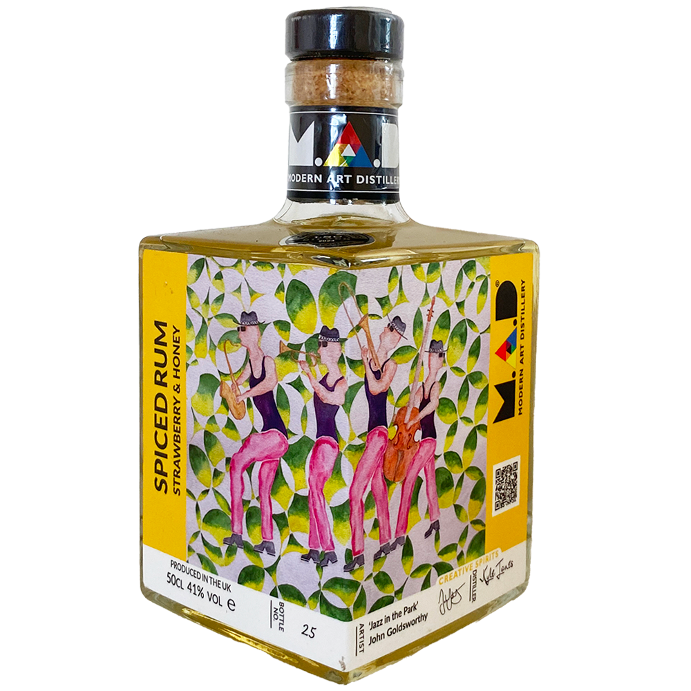 Modern Art Distillery (M.A.D) showcasing John Goldsworthy's watercolour 'Jazz in the Park'. This artwork is on M.A.D limited edition bottles of Strawberry & Honey Spiced Rum 2025