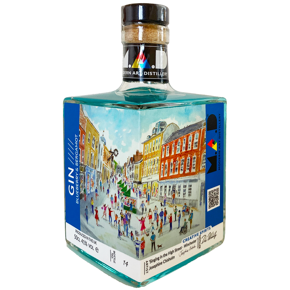 'Singing in the High Street' by Josephine Chisholm on Modern Art Distillery (M.A.D) Blueberry & Bergamot Gin bottles Limited edition 2025