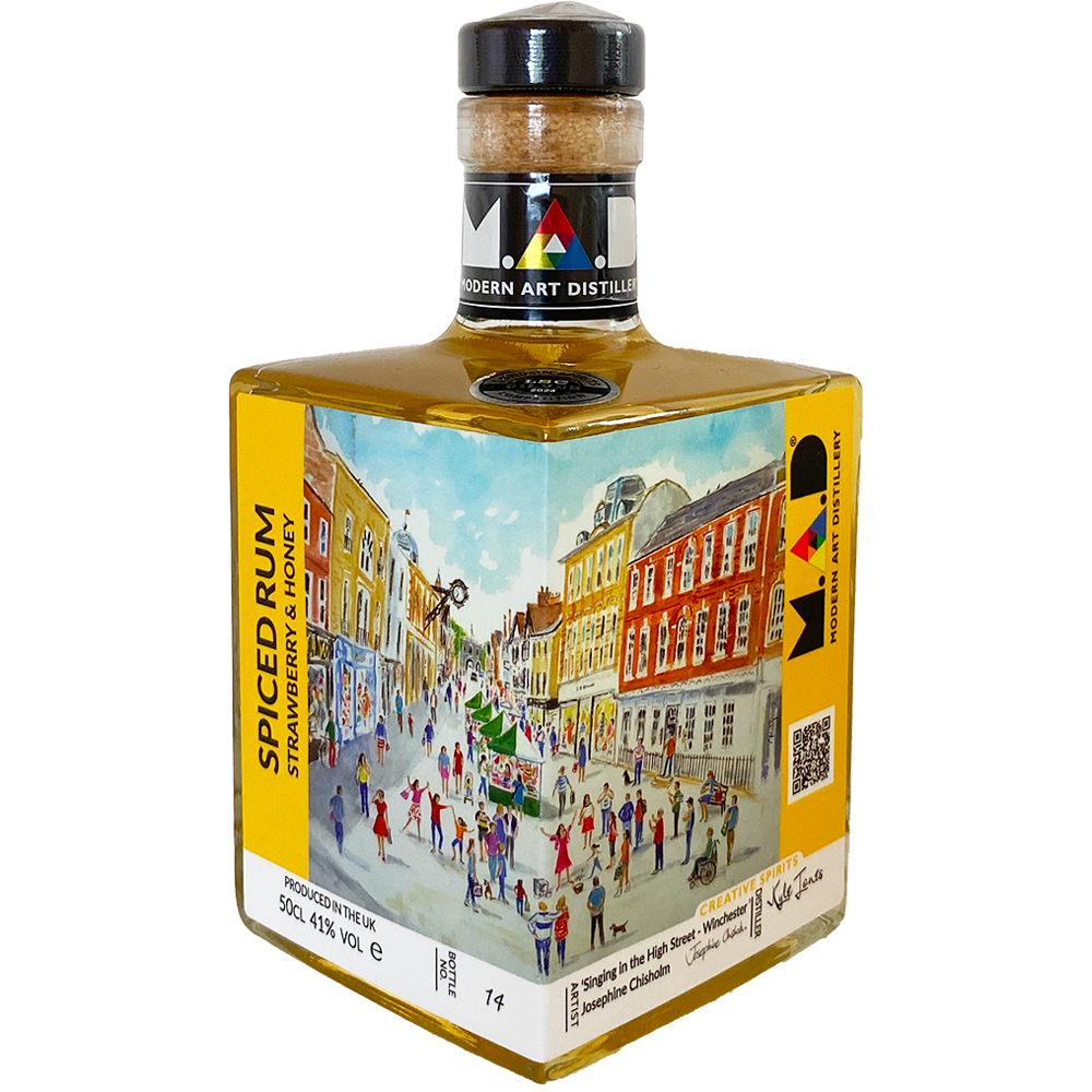 'Singing in the High Street' by Josephine Chisholm on Modern Art Distillery (M.A.D) Strawberry & Honey Spiced Rum bottles Limited edition 2025
