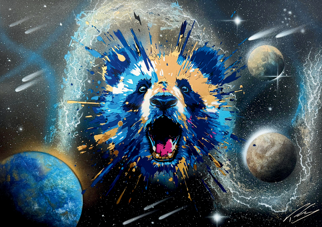 Modern Art Distillery Blueberry & Bergamot Gin. Bottles with commissioned artwork from emerging artists. This artwork by self-taught spraypaint artist and Tik Tok sensation Tom Welly Wells from Exmouth, Devon called 'Big Bangda'