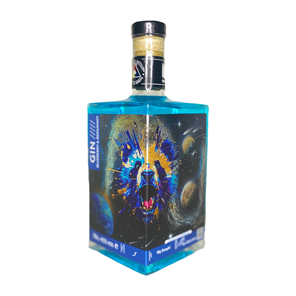 Modern Art Distillery Blueberry & Bergamot Gin. Bottles with commissioned artwork from emerging artists. This artwork by self-taught spraypaint artist and Tik Tok sensation Tom Welly Wells from Exmouth, Devon called 'Big Bangda'