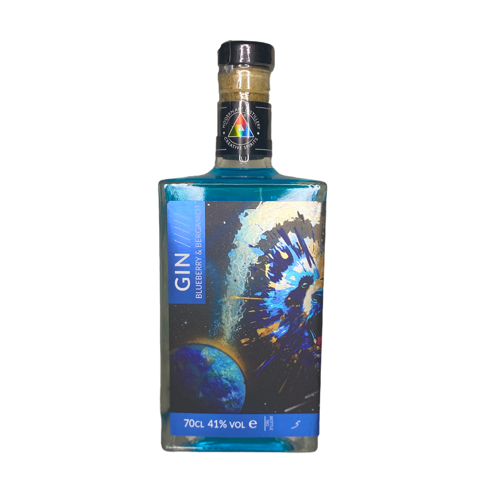 Modern Art Distillery Blueberry & Bergamot Gin. Bottles with commissioned artwork from emerging artists. This artwork by self-taught spraypaint artist and Tik Tok sensation Tom Welly Wells from Exmouth, Devon called 'Big Bangda'
