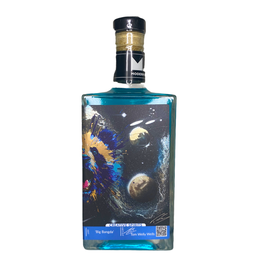 Modern Art Distillery Blueberry & Bergamot Gin. Bottles with commissioned artwork from emerging artists. This artwork by self-taught spraypaint artist and Tik Tok sensation Tom Welly Wells from Exmouth, Devon called 'Big Bangda'