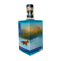 Modern Art Distillery Blueberry & Bergamot Gin. Bottles with commissioned artwork from emerging artists. This artwork is by an artist from Eastbourne, East Sussex - Chris Hill. The watercolour artwork depicts a self-assured, confident fox striding through a wintery scene and is called 'King of the Forest'