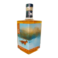 Modern Art Distillery Orange & Pomegranate Gin. Bottles with commissioned artwork from emerging artists. This artwork is by an artist from Eastbourne, East Sussex - Chris Hill. The watercolour artwork depicts a self-assured, confident fox striding through a wintery scene and is called 'King of the Forest'